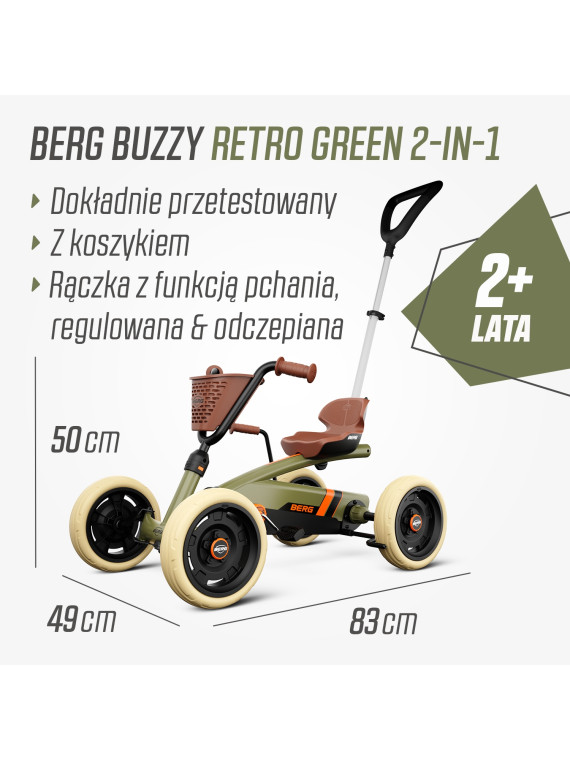 Gokart na pedały dla dzieci BERG Buzzy Retro 2-in-1 od 2 lat zielony