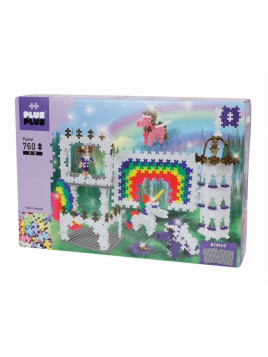 Plus-Plus, Mini Pastel - 760 szt. - Tęczowy zamek z jednorożcami oraz 2 podkładki GRATIS!