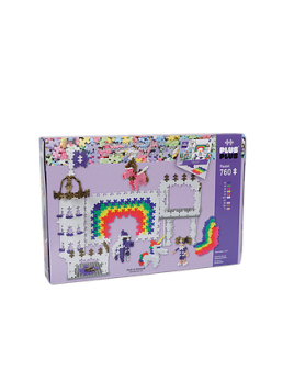Plus-Plus, Mini Pastel - 760 szt. - Tęczowy zamek z jednorożcami oraz 2 podkładki GRATIS!
