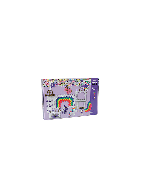 Plus-Plus, Mini Pastel - 760 szt. - Tęczowy zamek z jednorożcami oraz 2 podkładki GRATIS!