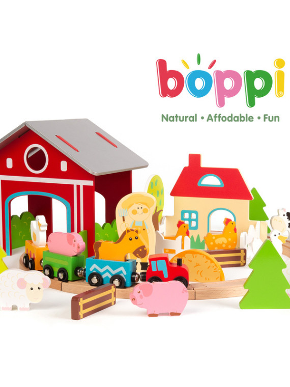 BOPPI, Drewniany zestaw farma i pociąg - 48 elem.