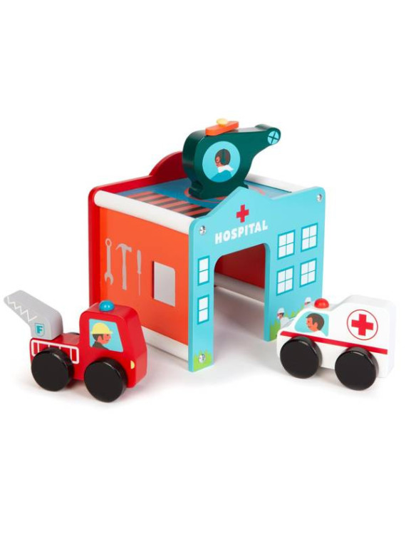 BOPPI, Drewniane centrum ratunkowe 5 w1 : Szpital Straż Stacja benzynowa Mechanik Lądowisko dla helikopterów