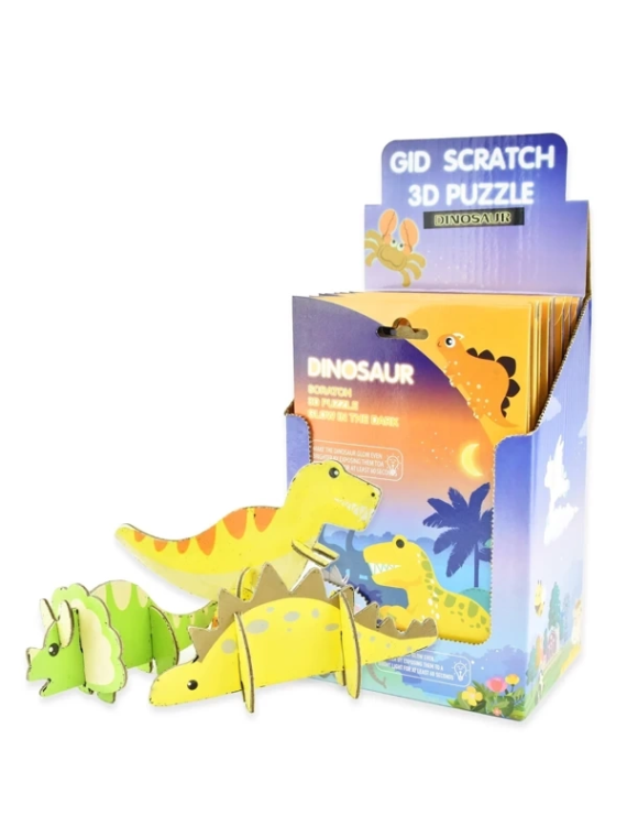 Zestaw 3D puzzle zdrapki świecące w ciemności Dinozaury - display 18 szt