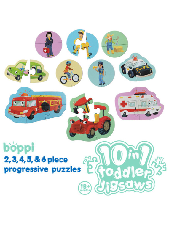 BOPPI, 10 w 1 progresywne pierwsze puzzle Pojazdy i zawody 30 elem
