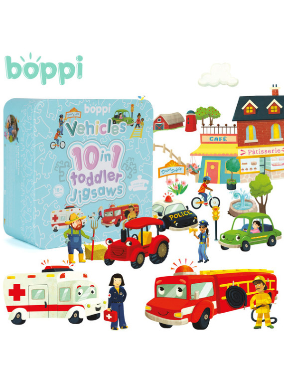 BOPPI, 10 w 1 progresywne pierwsze puzzle Pojazdy i zawody 30 elem
