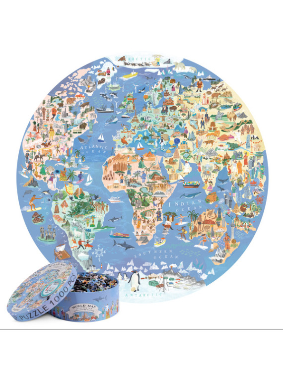 Bopster, okrągłe ilustowane puzzle 1000 el Mapa Świata 4 w 1 ludność/zwierzęta/zabytki/daty