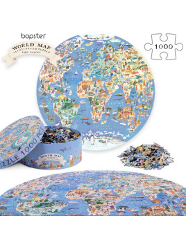 Bopster, okrągłe ilustowane puzzle 1000 el Mapa Świata 4 w 1 ludność/zwierzęta/zabytki/daty
