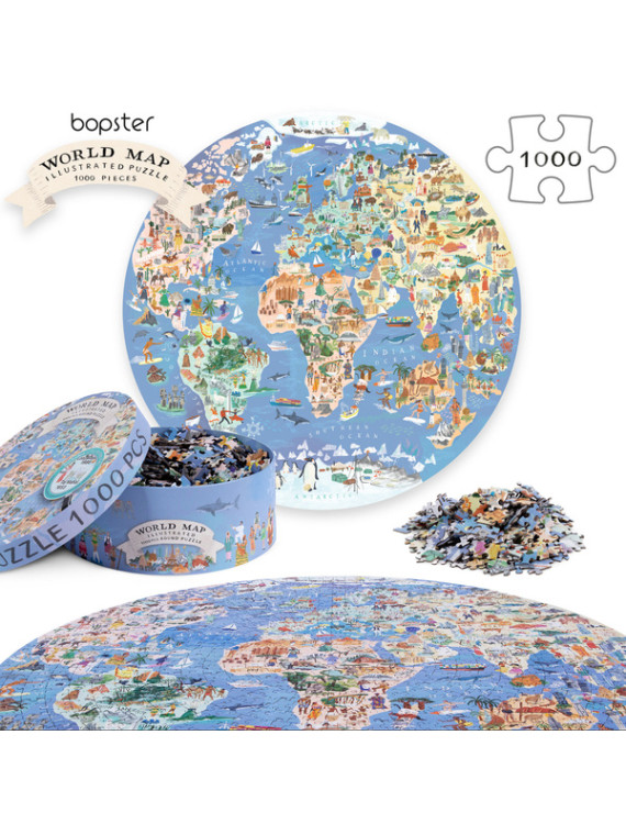 Bopster, okrągłe ilustowane puzzle 1000 el Mapa Świata 4 w 1 ludność/zwierzęta/zabytki/daty