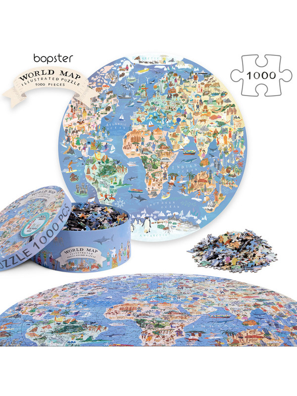 Bopster, okrągłe ilustowane puzzle 1000 el Mapa Świata 4 w 1 ludność/zwierzęta/zabytki/daty