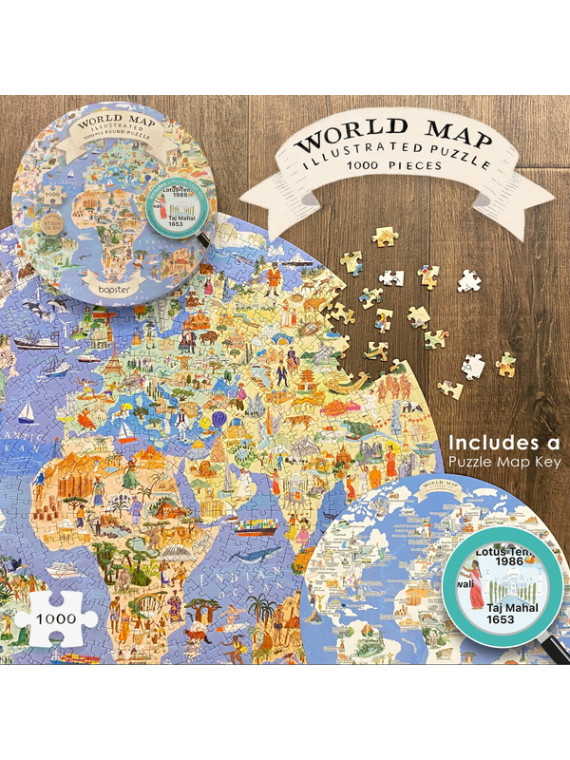 Bopster, okrągłe ilustowane puzzle 1000 el Mapa Świata 4 w 1 ludność/zwierzęta/zabytki/daty