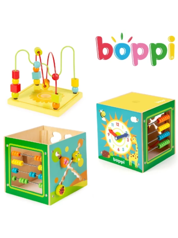 BOPPI, XL drewniana edukacyjna kostka aktywizująca 5 w 1
